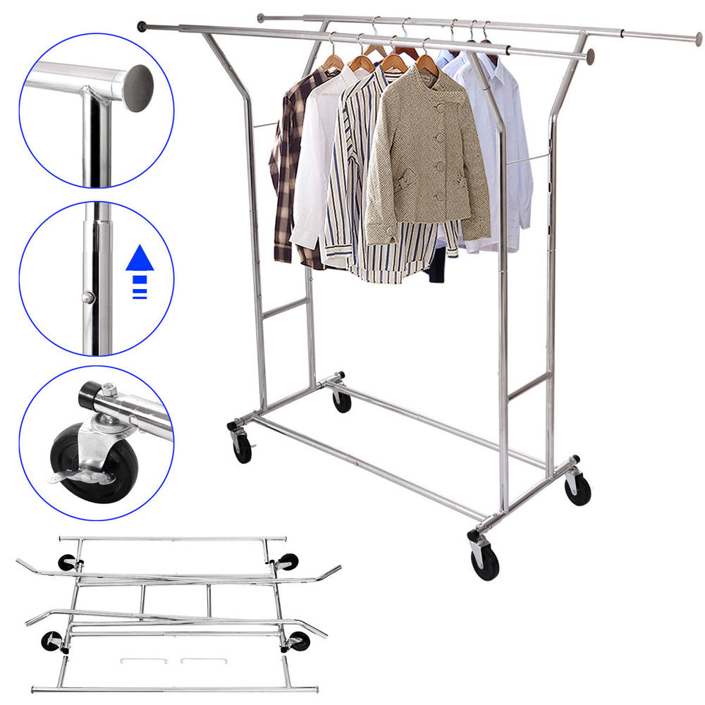 Portable Double-bar Steel Clothes Rack Silver