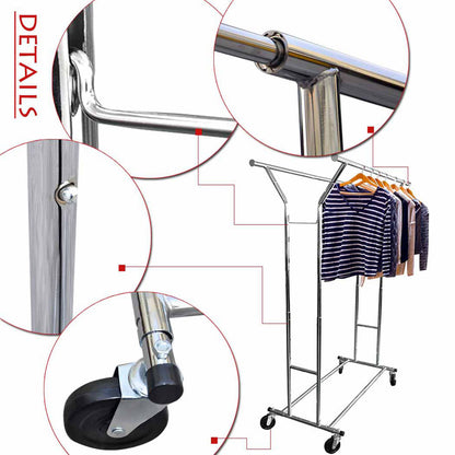 Portable Double-bar Steel Clothes Rack Silver