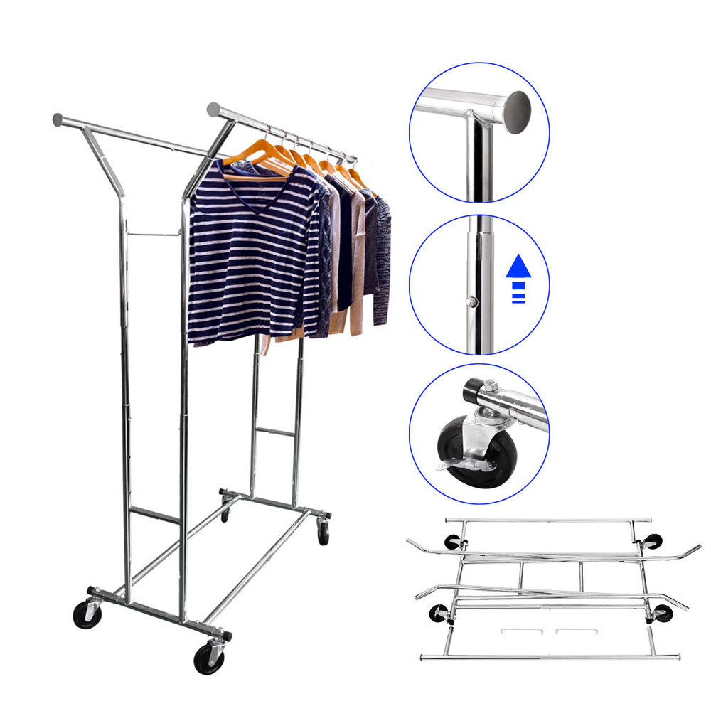 Portable Double-bar Steel Clothes Rack Silver