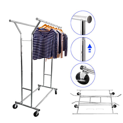 Portable Double-bar Steel Clothes Rack Silver