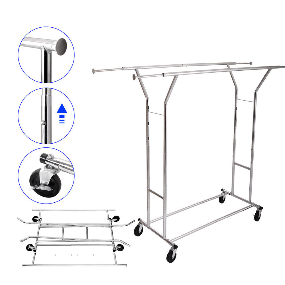 Portable Double-bar Steel Clothes Rack Silver